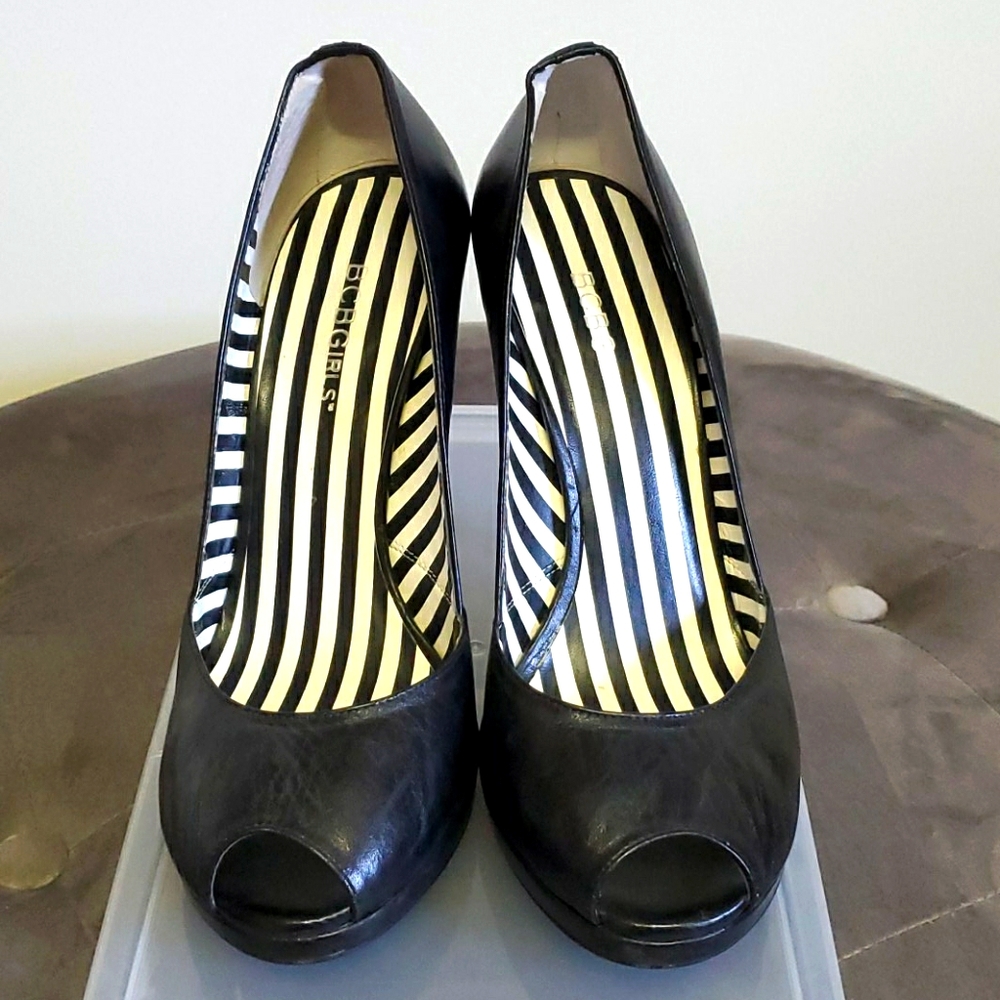 Bcbgirls Black Leather Peep Toe Pump Heels